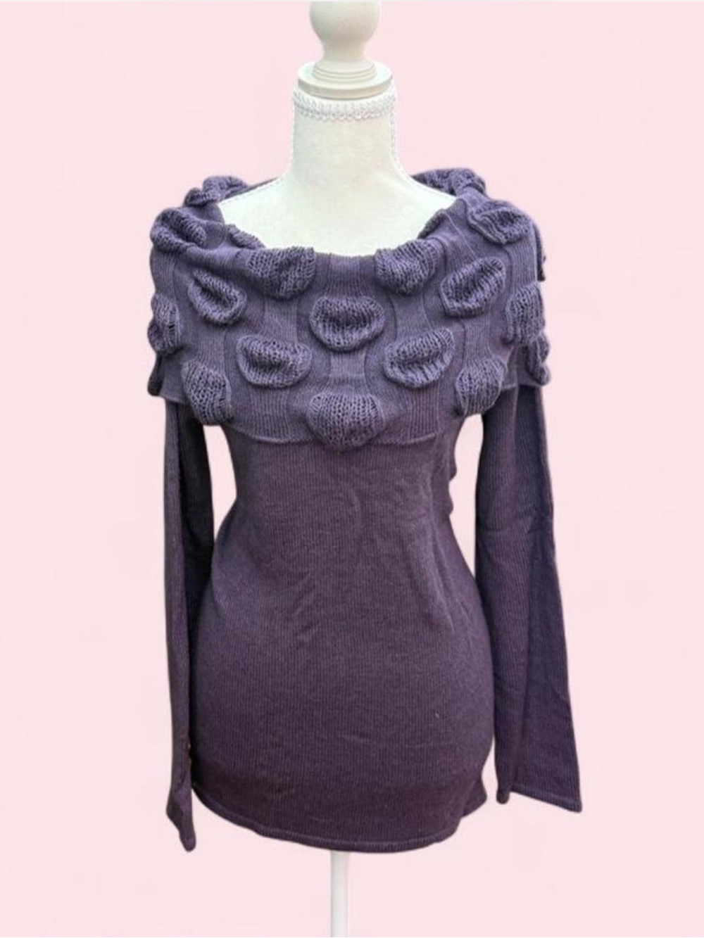 Vintage Off-the-Shoulder Purple Knit Bubble Yoke Sweater